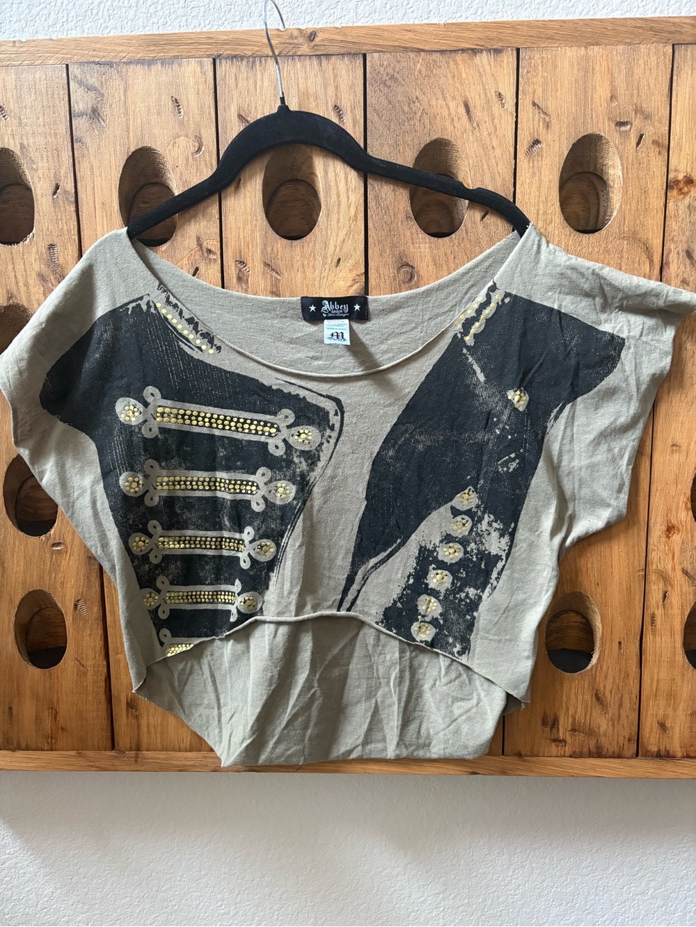 Abbey Dawn Olive Crop Top with Black Graphic and Gold Studs